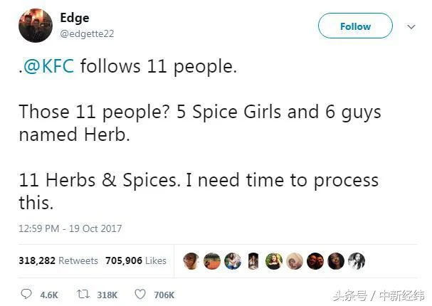 肯德基推特关注列表_SpiceGirls与Herb名字成员_肯德基保密54年的炸鸡配方将公开
