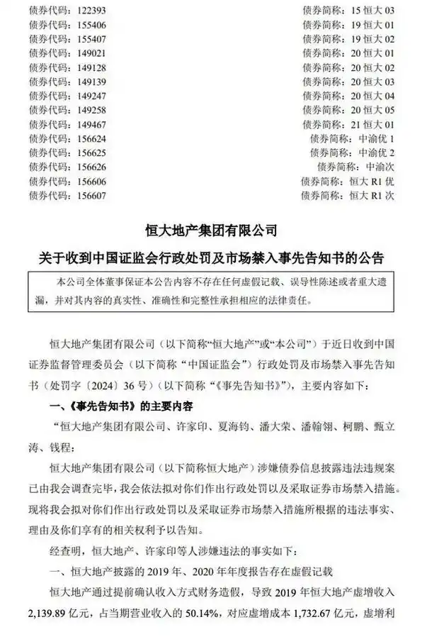 证监会拟决定：罚款恒大地产41.75亿，许家印夏海钧终身禁入证券市场