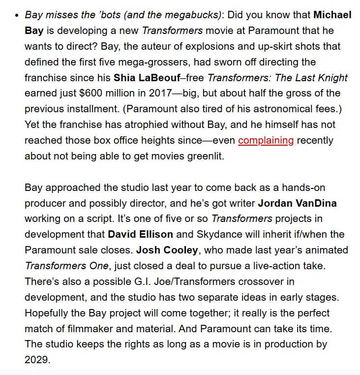 迈克尔·贝将执导新《变形金刚》电影 粉丝激动坏了