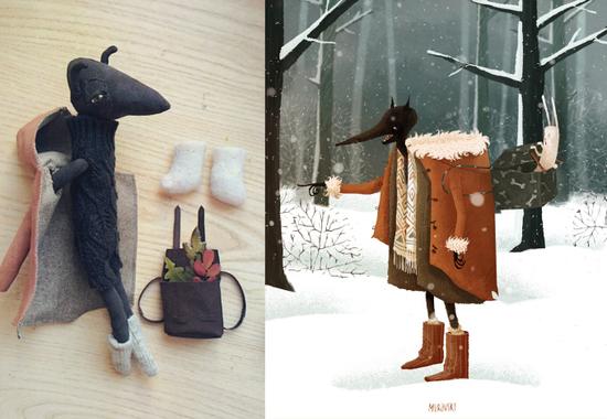 muravski的画和对应的自己缝的玩具