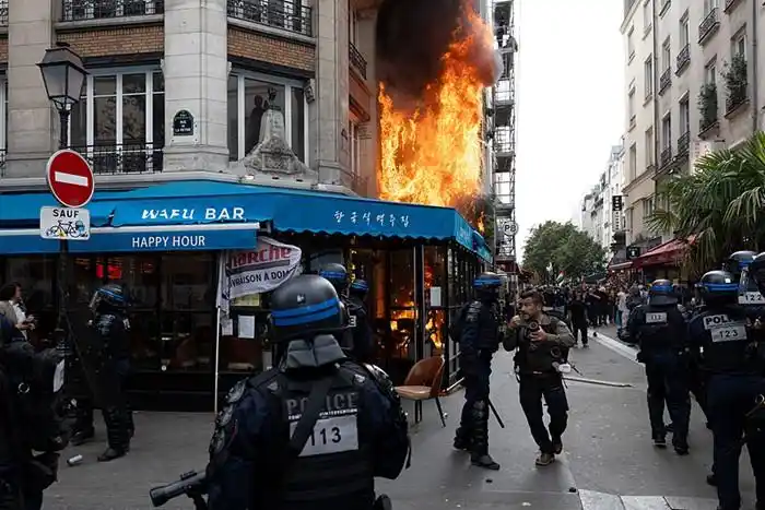 法国反对削减支出抗议游行_法国动员8万警察与宪兵应对抗议罢工_法国新总理就职当天抗议活动