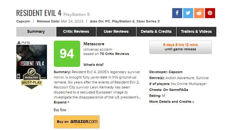 生化危机4重制版M站评分94分_生化危机4在线观看_生化危机4重制版IGN评分10分