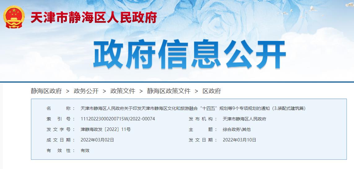 比例100% | 天津市静海区“十四五”规划明确装配式建筑发展目标 比例100% | 天津市静海区“十四五”规划明确装配式建筑发展目标